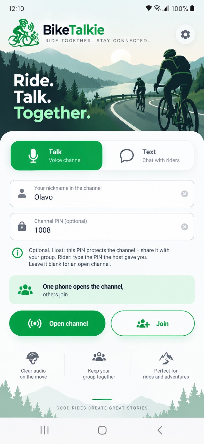 BikeTalkie app home screen showing Open channel and Join controls