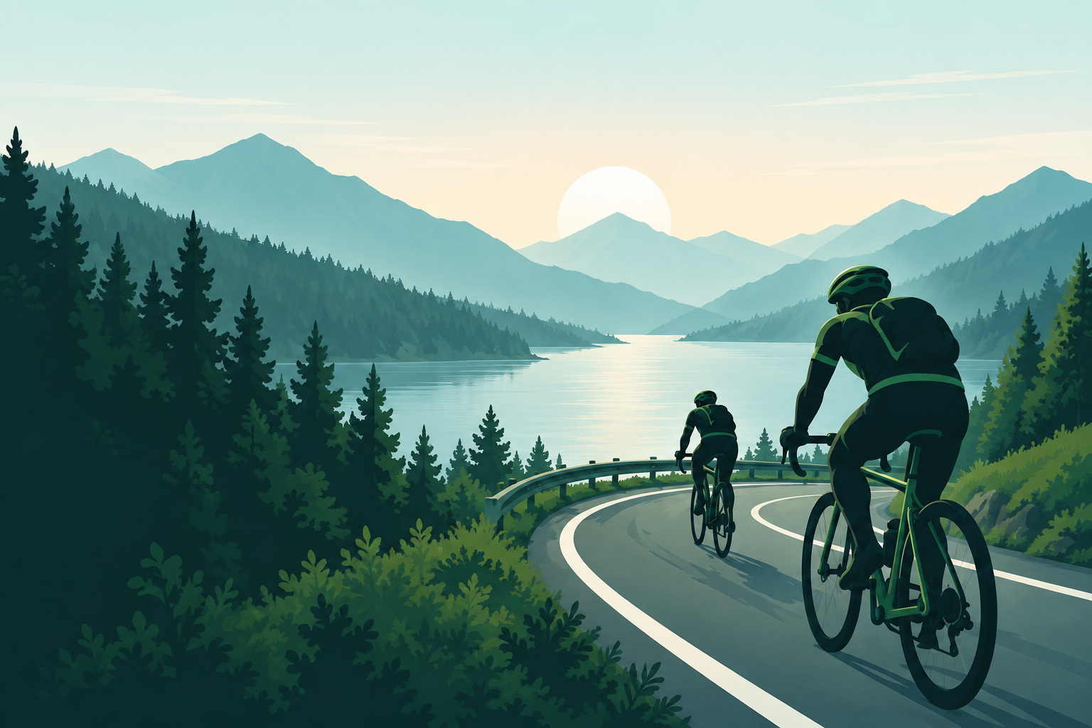 Cyclists riding together beside a mountain lake